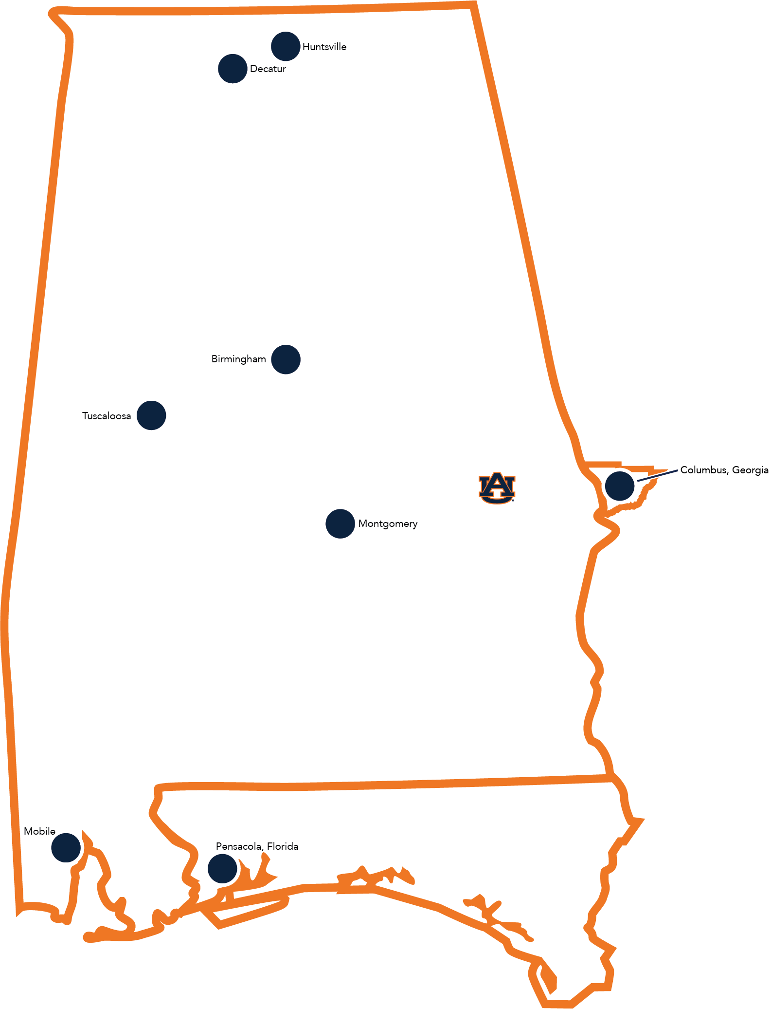 Map of Alabama with dots on clinical sites
