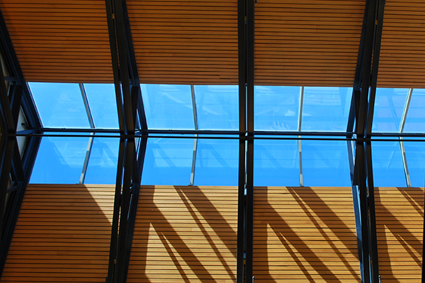blue sky through atrium skylights