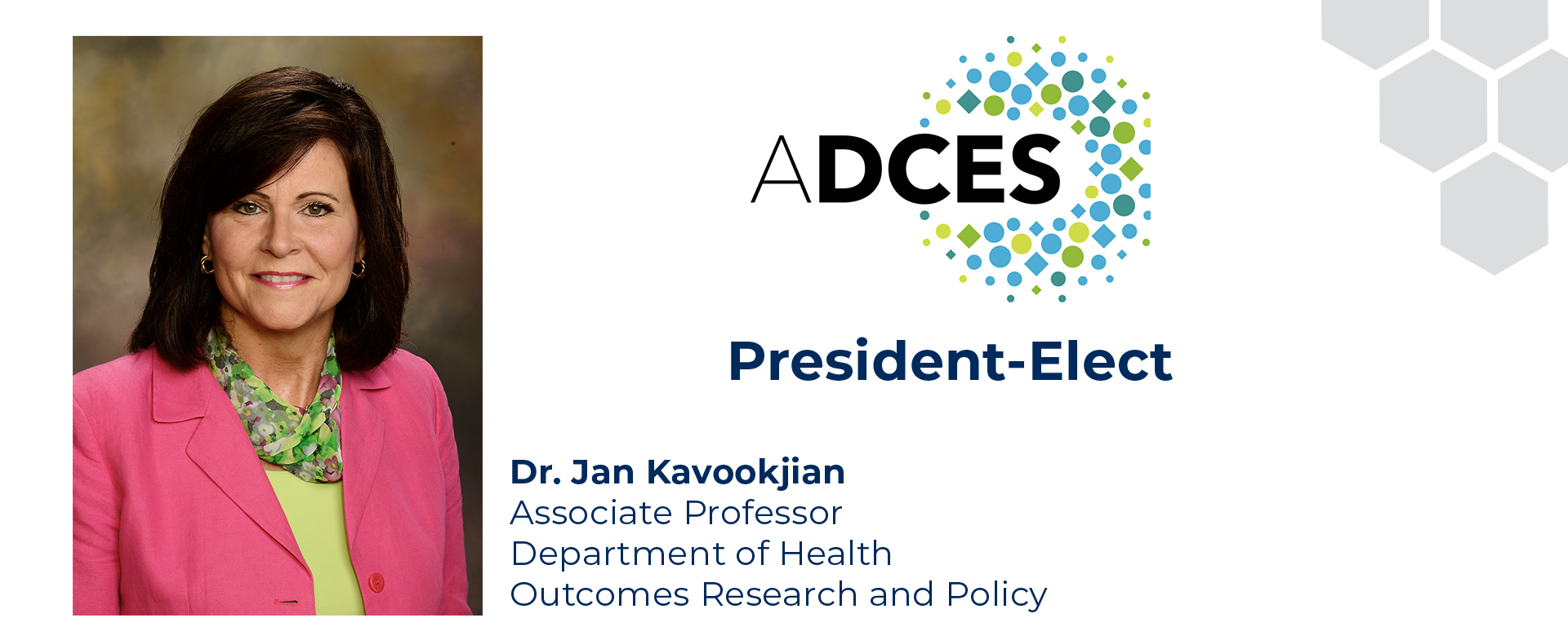 Head shot of Jan Kavookjian with name and title and ADCES logo