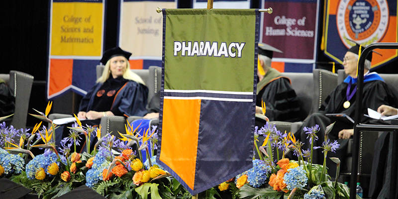 Pharmacy banner at graduation ceremony